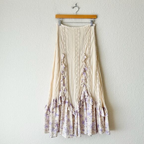 FREE PEOPLE Now & Then Maxi Skirt Cream Floral Lace Ruffled Cottagecore - Picture 1 of 15